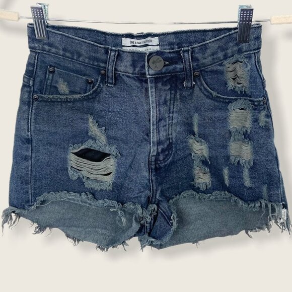 One Teaspoon‎ High Waist Bonita Jean Shorts Raw Size 25 Dark Blue Bohemian Boho - Picture 1 of 11